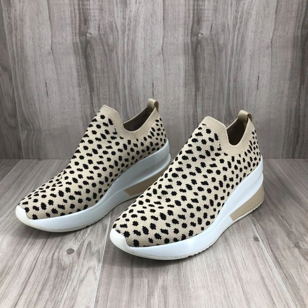 Gianni Bini Beige and Black Leopard Knit Slip-On Wedge Sneakers - Picture 4 of 11